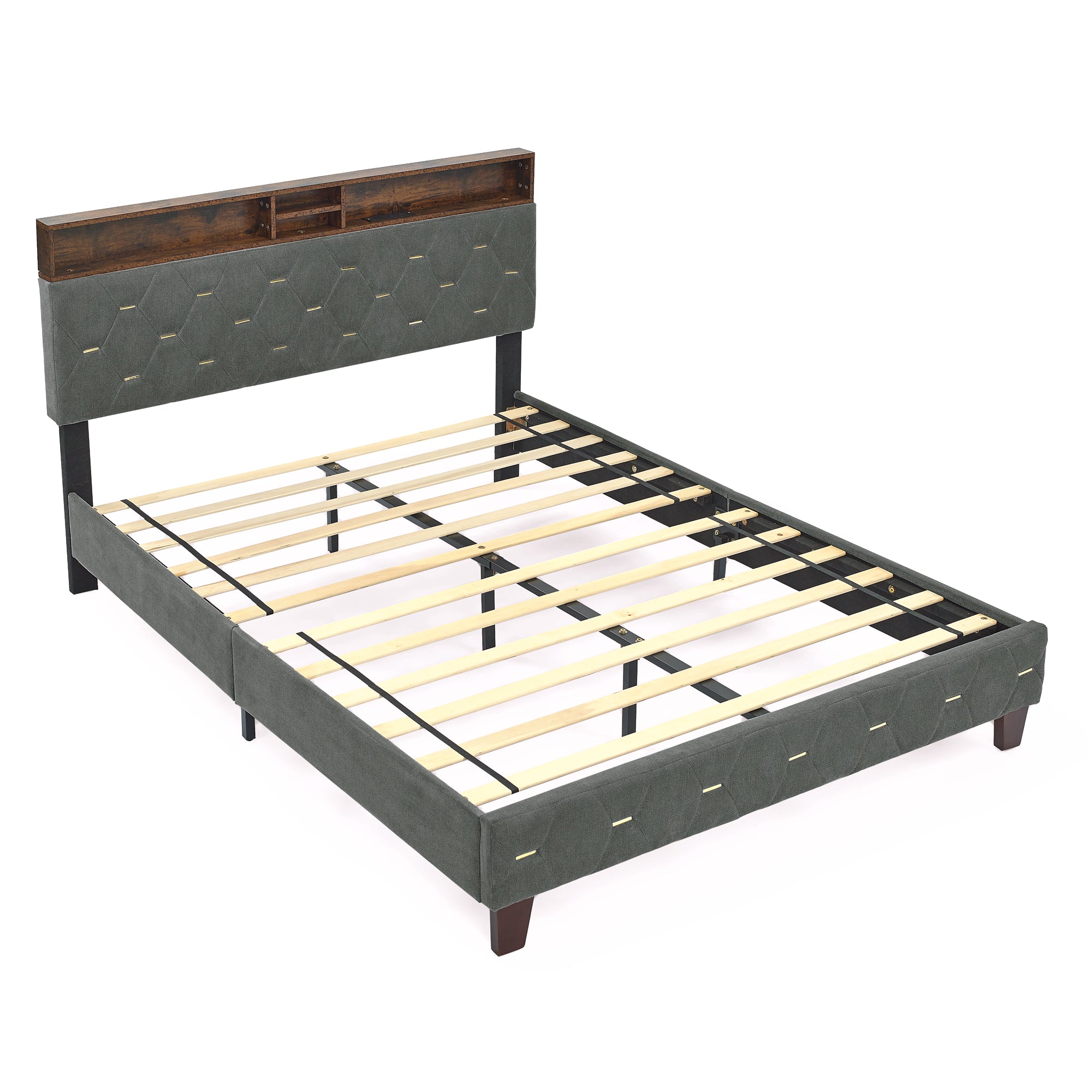 Queen Size Bed Frame, Shelf Upholstered Headboard, Platform Bed with Outlet & USB Ports, Wood Legs, No Box Spring Needed, Easy Assembly, Grey - Atlantic Fine Furniture Melbourne FL