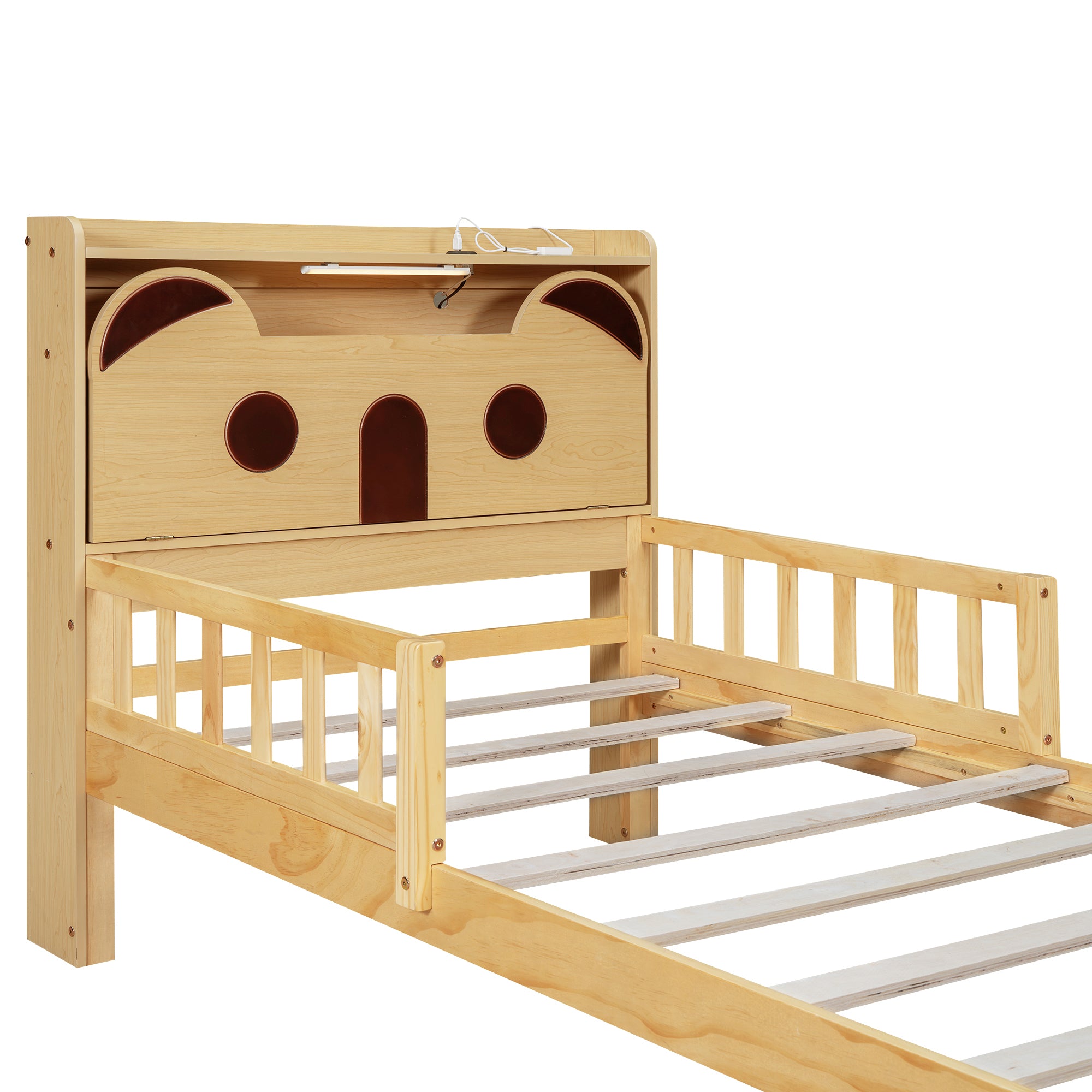 Twin Size Car Bed with Bear-Shaped Headboard, USB and LED, Natural - Atlantic Fine Furniture Melbourne FL