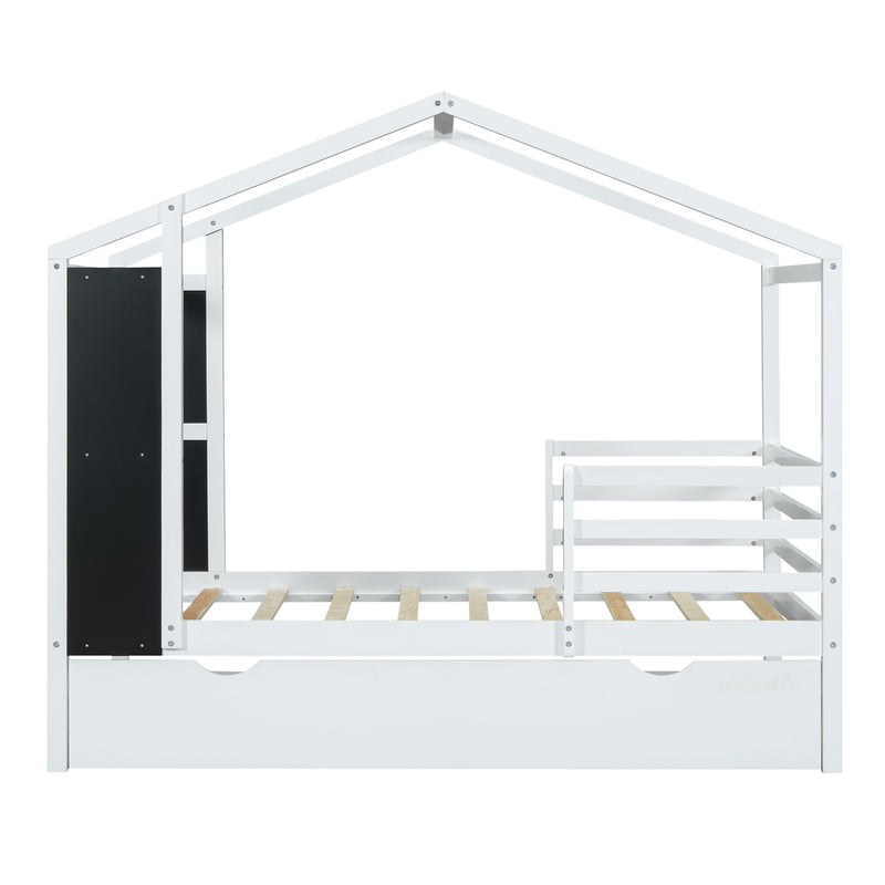 Twin Size Wood House Bed with Fence and Writing Board, White