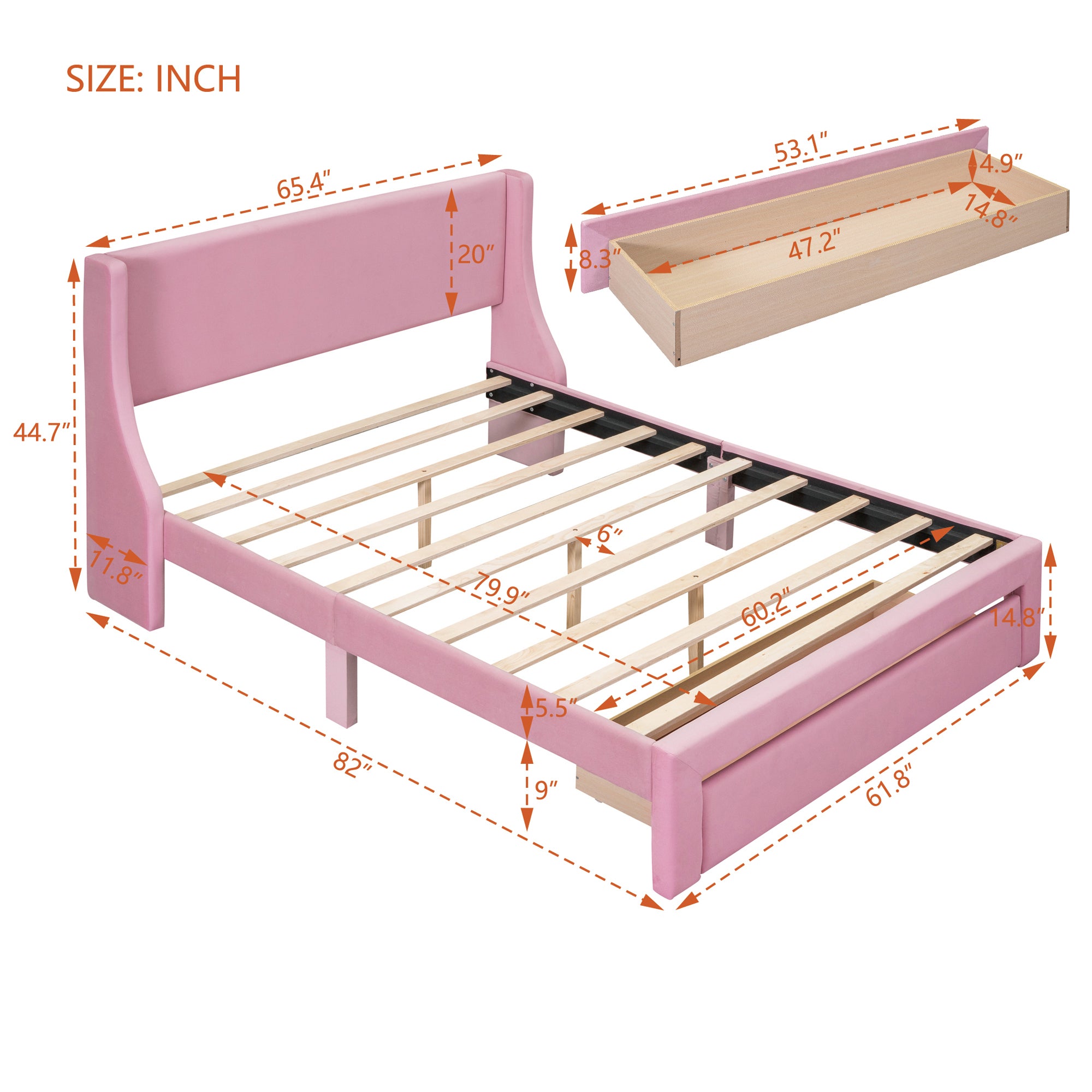Queen Size Storage Bed Velvet Upholstered Platform Bed with a Big Drawer - Pink - Atlantic Fine Furniture Melbourne FL