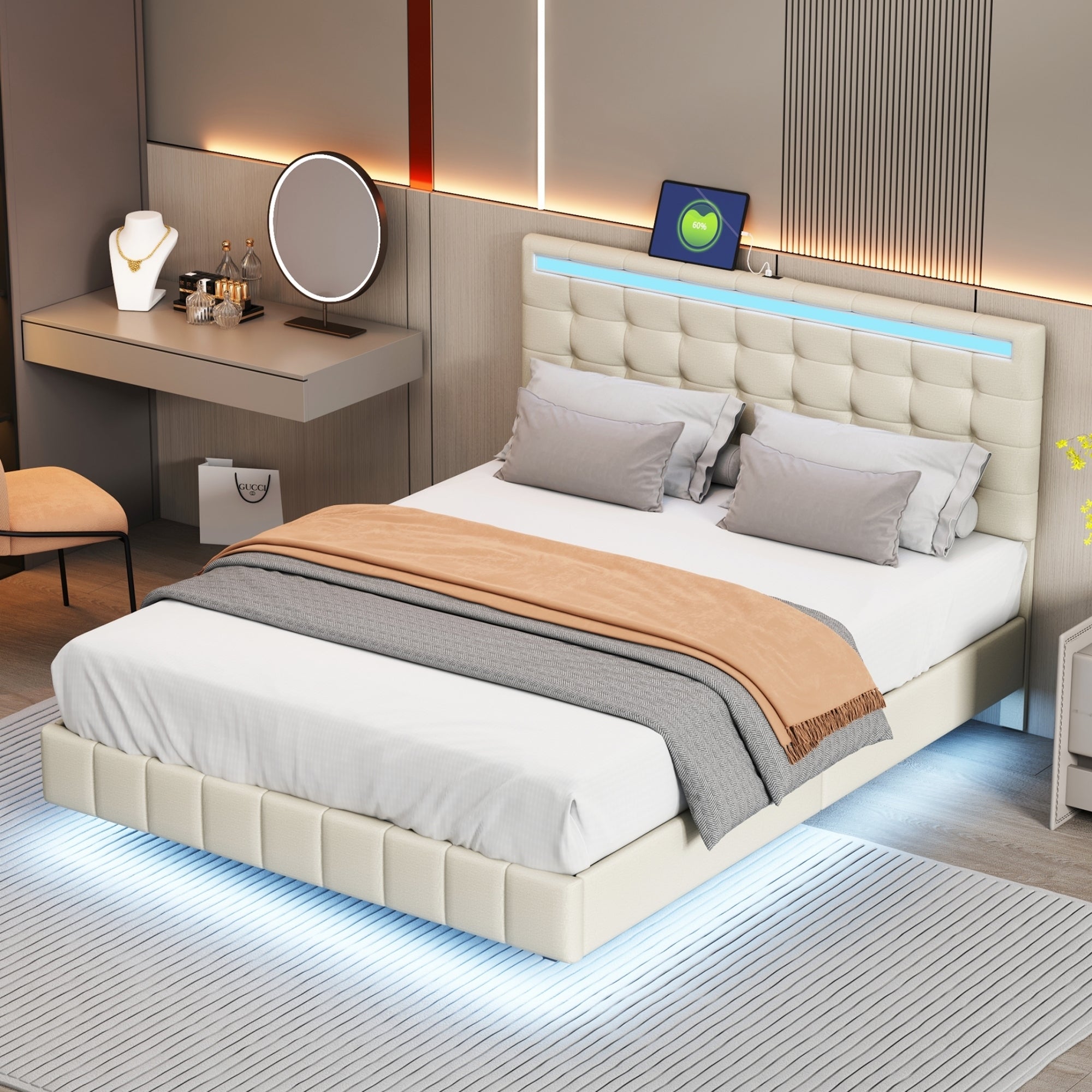 Queen Size Floating Bed Frame with LED Lights and USB Charging,Modern Upholstered Platform LED Bed Frame,Beige - Atlantic Fine Furniture Melbourne FL