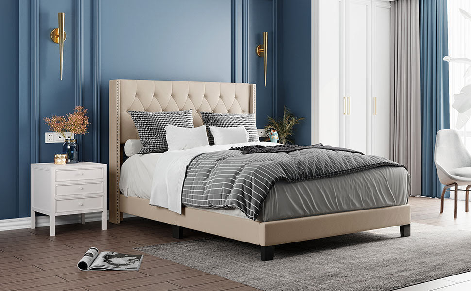 Upholstered Platform Bed with Classic Headboard, Box Spring Needed, Beige Linen Fabric, Queen Size - Atlantic Fine Furniture Melbourne FL