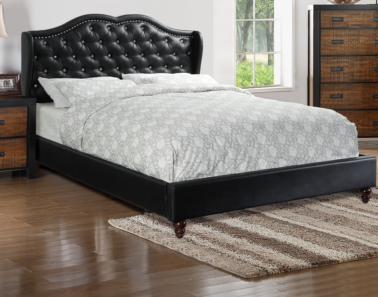 Queen Size Bed 1pc Bed Set Black Faux Leather Upholstered Wingback Design Bed Frame Headboard Bedroom Furniture Tufted Upholstered - Atlantic Fine Furniture Melbourne FL