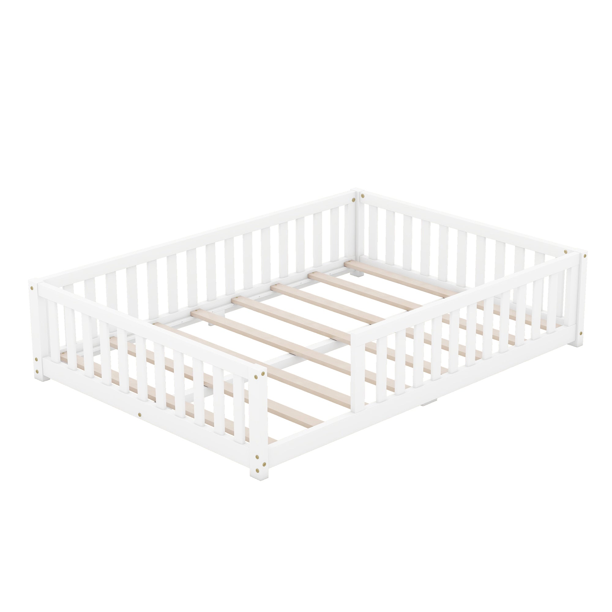 Full Size Bed Floor Bed with Safety Guardrails and Door for Kids, White