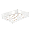 Full Size Bed Floor Bed with Safety Guardrails and Door for Kids, White