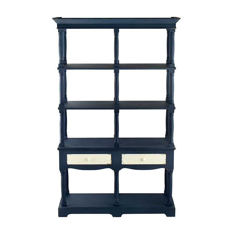 Four Tiered Wooden Shelf With Two Drawers, Farmhouse Wood Bookcase Display Storage Shelf Etageres - Antique Navy Blue