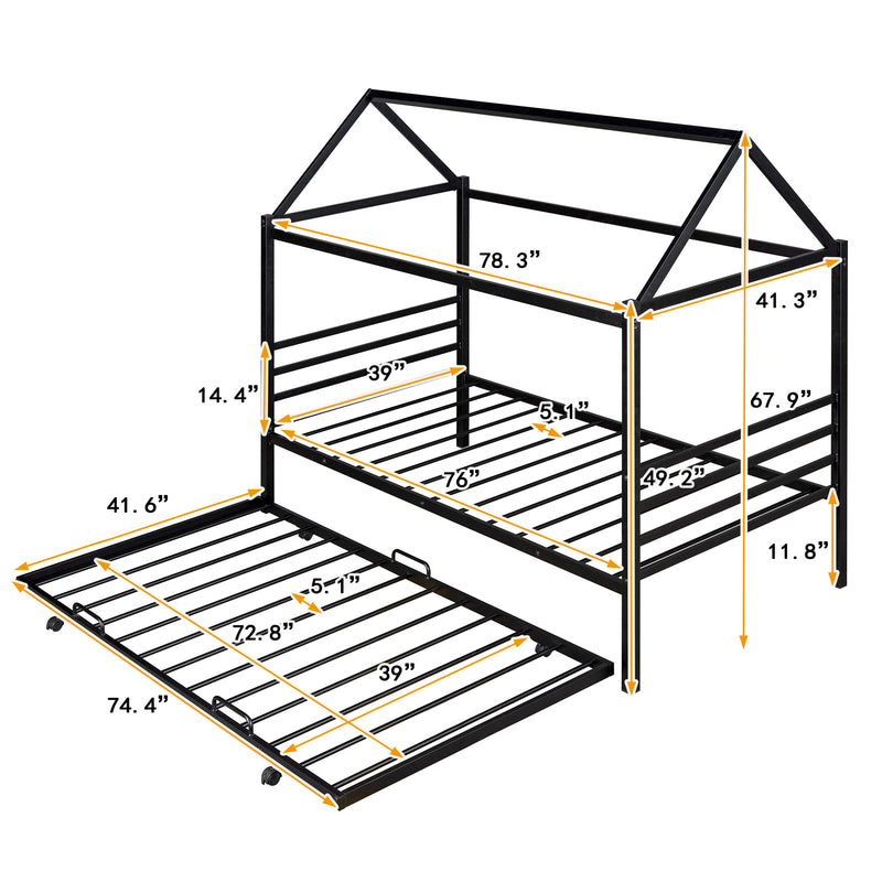 Twin Size Metal House Shape Platform Bed with Trundle,Black