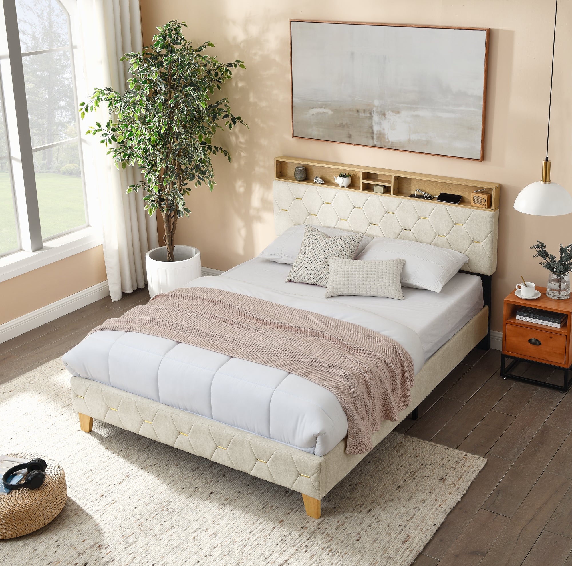 Queen Size Bed Frame, Shelf Upholstered Headboard, Platform Bed with Outlet & USB Ports, Wood Legs, No Box Spring Needed, Easy Assembly, Beige - Atlantic Fine Furniture Melbourne FL
