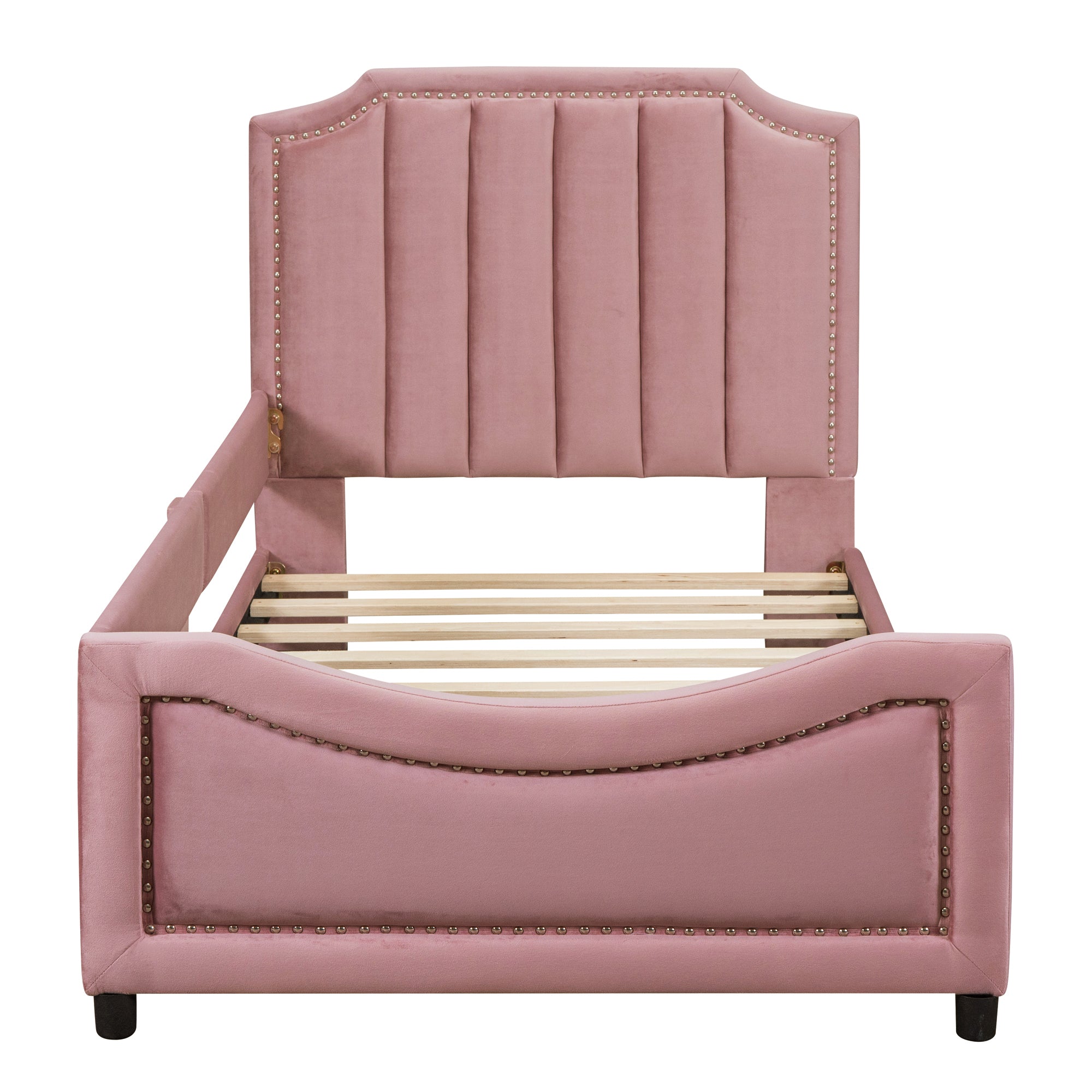 Twin Size Upholstered Daybed with Classic Stripe Shaped  Headboard, Pink - Atlantic Fine Furniture Melbourne FL