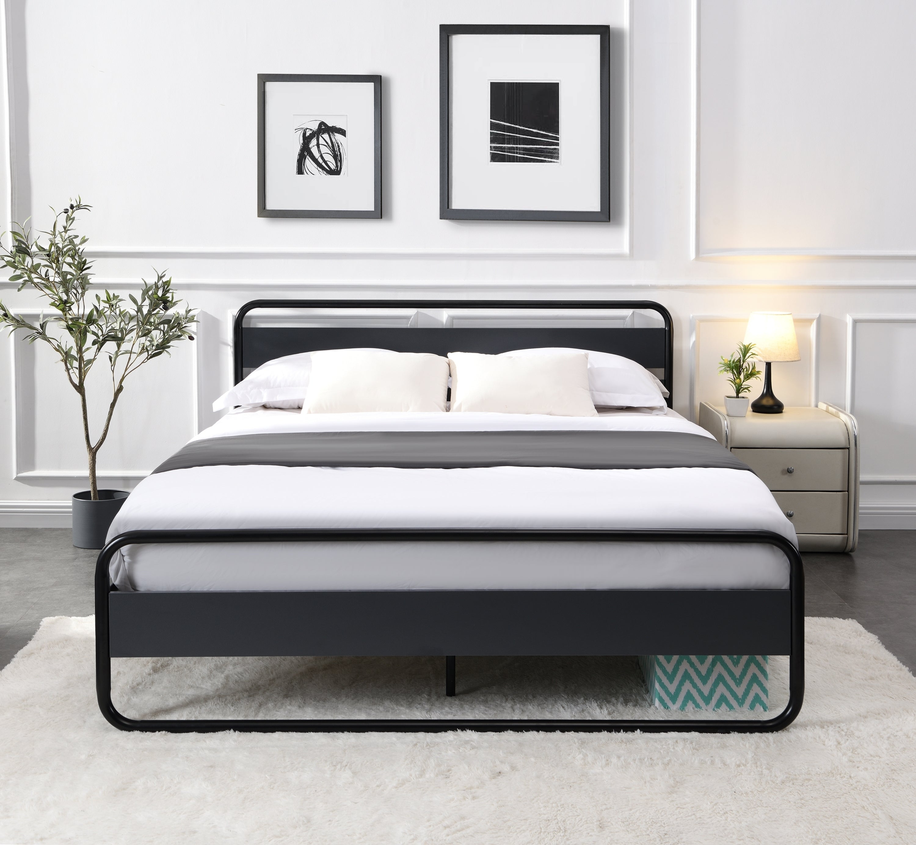 Industrial Platform Queen Bed Frame/Mattress Foundation with Rustic Headboard and Footboard, Strong Steel Slat Support, No Box Spring Needed, Noise Free, Easy Assembly - Atlantic Fine Furniture Melbourne FL
