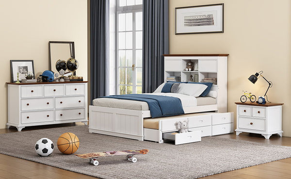 3 Pieces Wooden Captain Bedroom Set Full Bed With Trundle, Nightstand And Dresser - White / Walnut