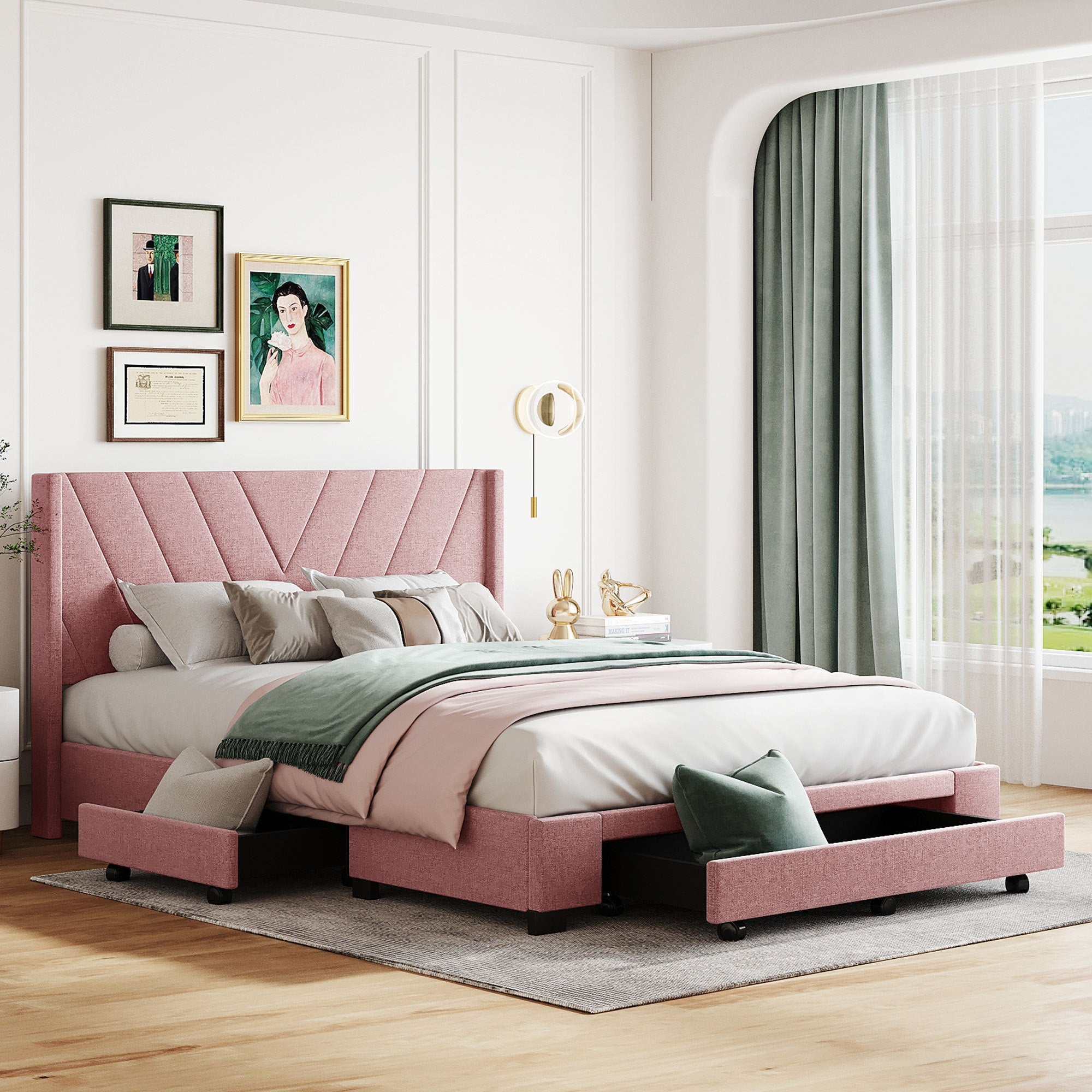 Queen Size Storage Bed Linen Upholstered Platform Bed with 3 Drawers (Pink) - Atlantic Fine Furniture Melbourne FL