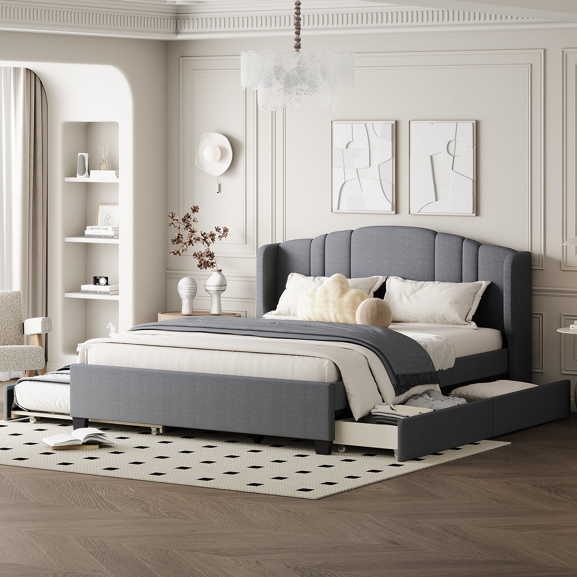 Upholstered Platform Bed with Wingback Headboard, One Twin Trundle and 2 Drawers, No Box Spring Needed, Linen Fabric, Queen Size Gray - Atlantic Fine Furniture Melbourne FL