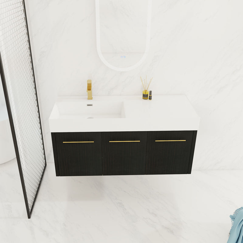 Contemporary 48" Wall Mounted Bathroom Vanity With Resin Sink And Soft Closing Doors And Line - Black Chestnut