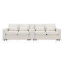 Upholstered Sofa With Console, 2 Cupholders And 2 USB Ports Wired Or Wirelessly Charged, Modern Linen Fabric Couches With 4 Pillows For Living Room, Apartment (4-Seat)