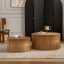 Vintage Fashion Style Cylindrical Nesting Coffee Table Set With Vertical Textured Embossed Design - Natural