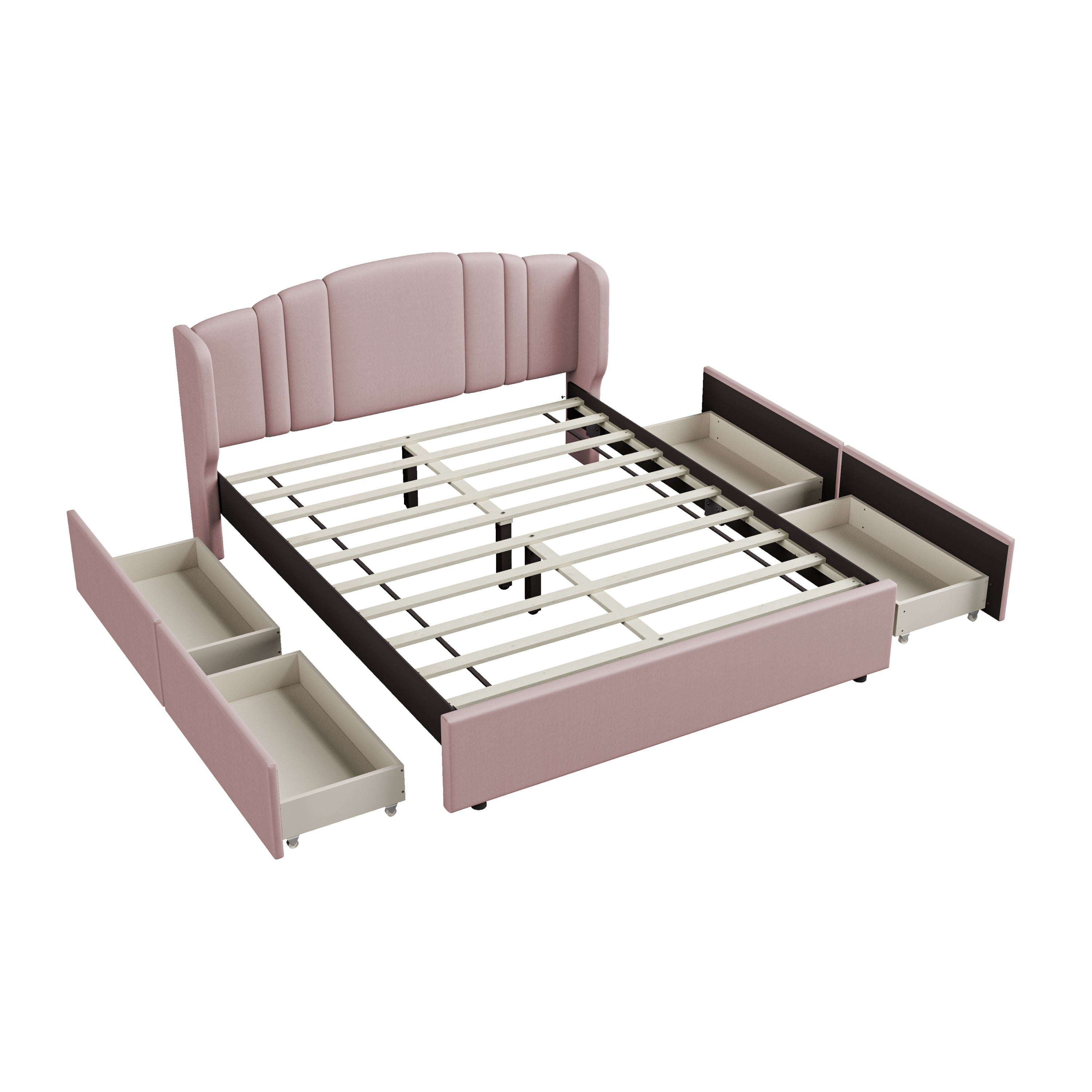 Upholstered Platform Bed with Wingback Headboard and 4 Drawers, No Box Spring Needed, Linen Fabric, Queen Size Pink - Atlantic Fine Furniture Melbourne FL