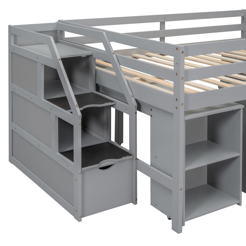 Loft Bed With Retractable Writing Desk And 3 Drawers With Storage Stairs And Shelves