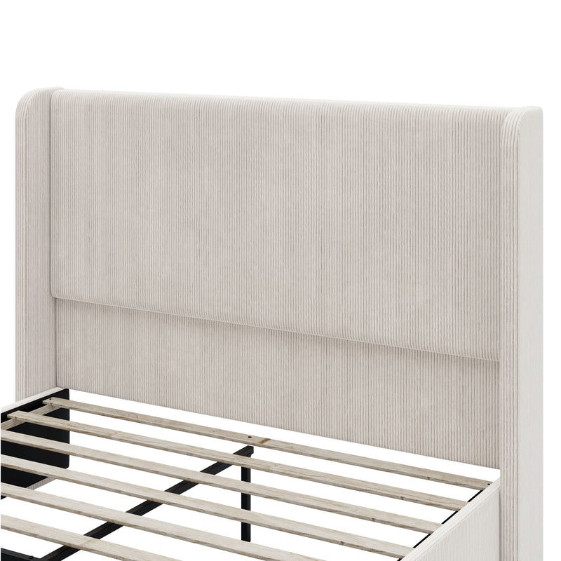 King Size Luxurious Corduroy Upholstered Bed Frame With Vertical Stripe Wingback Headboard And High Footboard - Light Gray