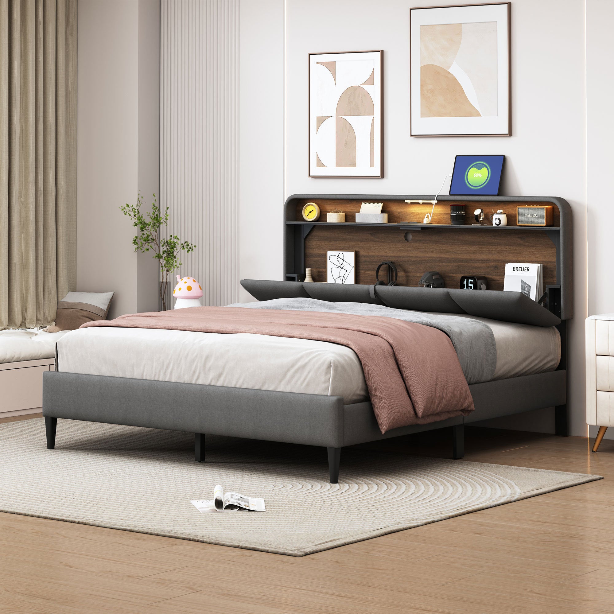 Queen size Upholstered Platform Bed with Storage Headboard, Sensor Light and a set of Sockets and USB Ports, Linen Fabric, Gray - Atlantic Fine Furniture Melbourne FL