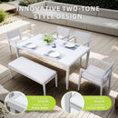 6 Piece Dining Set Modern Outdoor Patio Furniture, 4 Dining Chairs & 1 Dining Bench Sunbrella Fabric And 2 Tone Rectangle Table With Umbrella Hole - Matte White / Grayish