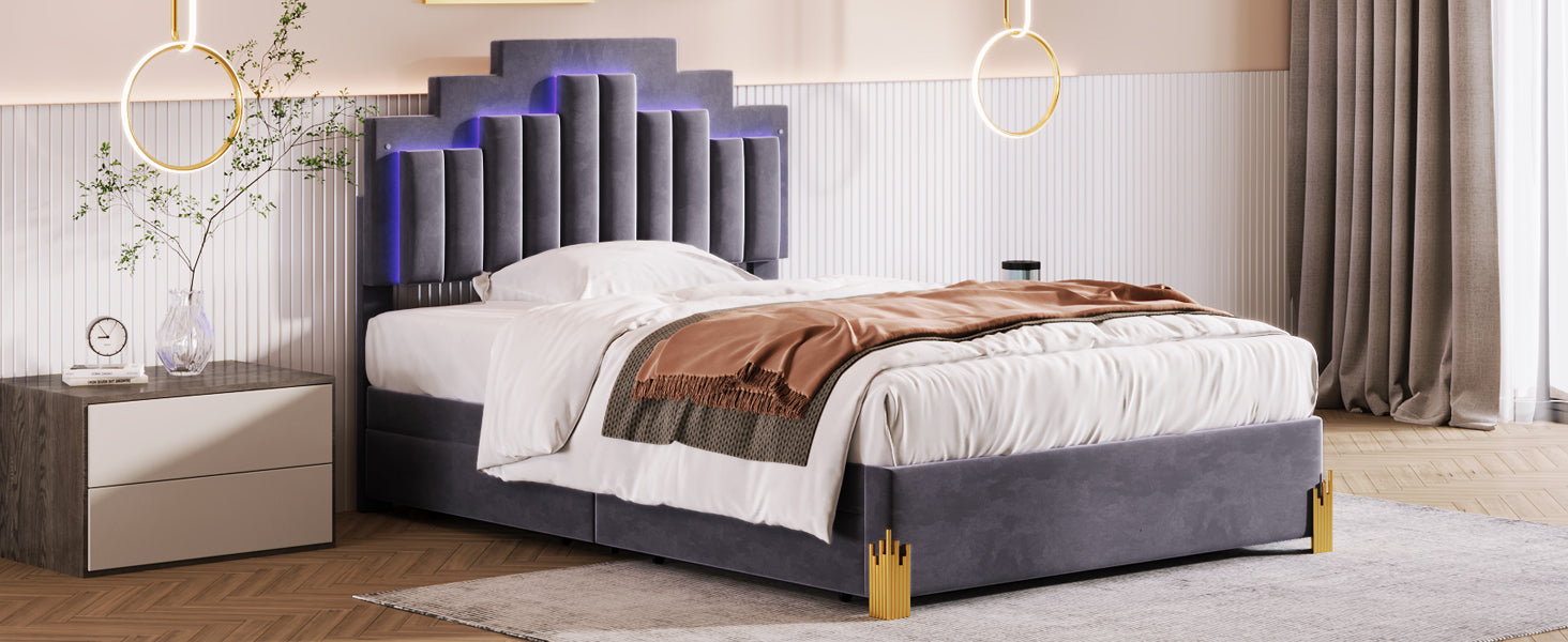 Full Size Upholstered Platform Bed with LED Lights and 4 Drawers, Stylish Irregular Metal Bed Legs Design, Gray - Atlantic Fine Furniture Melbourne FL