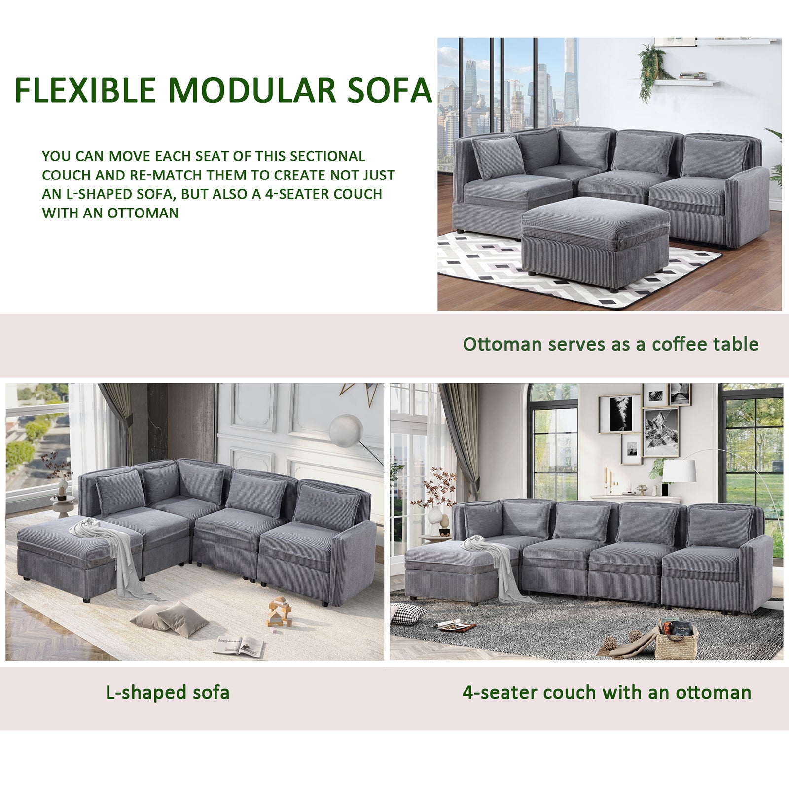 Modular Corduroy Sectional Sofa, Convertible L Shaped Couch Sofa with Storage,  5 Seat Sofa Couch for Living Room, Dark Gray