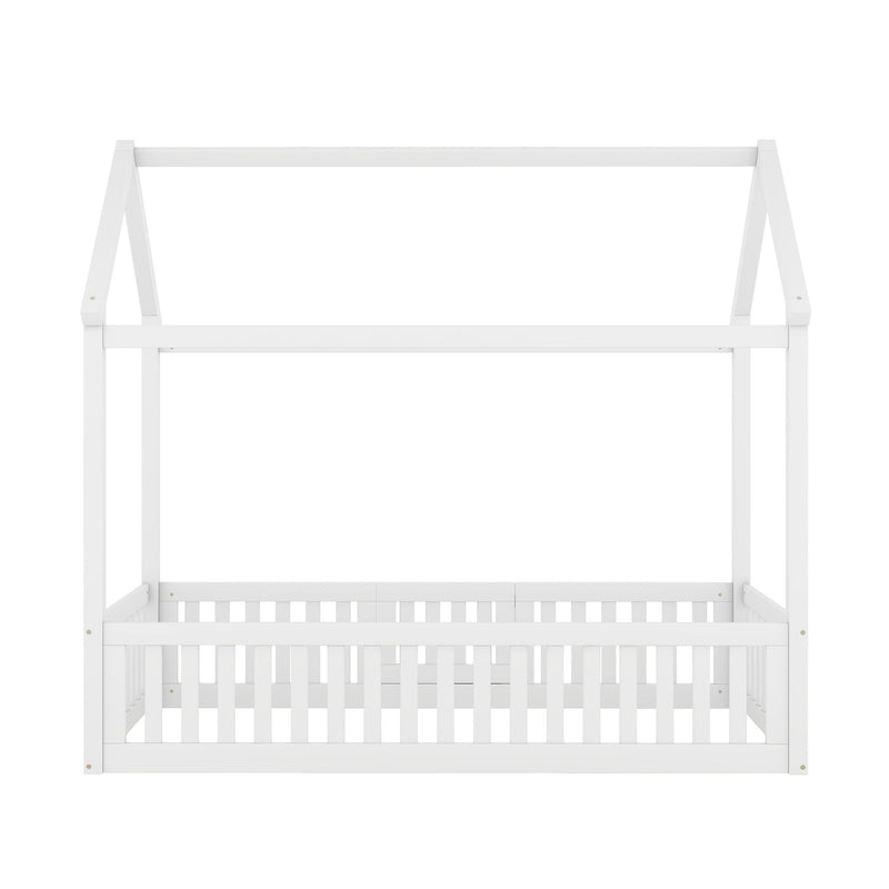 Wood House Bed With Fence And Door