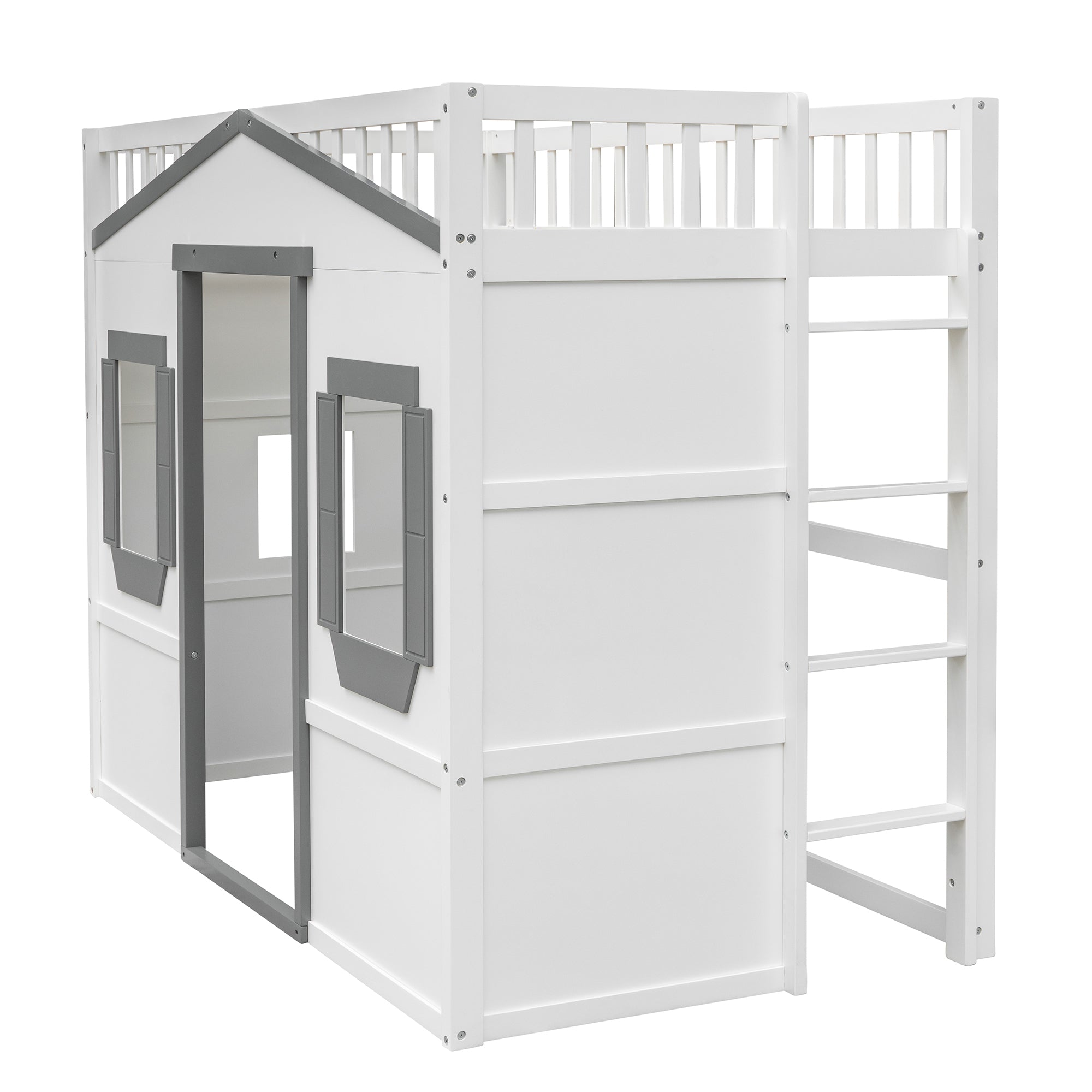 Twin Size House Loft Bed With Ladder-White+Gray Frame - Atlantic Fine Furniture Melbourne FL