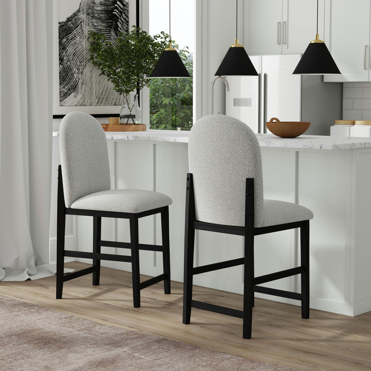 Portland Round Back Barstool With Fabric (Set of 2) in Gray / Black by Elements International, view 4