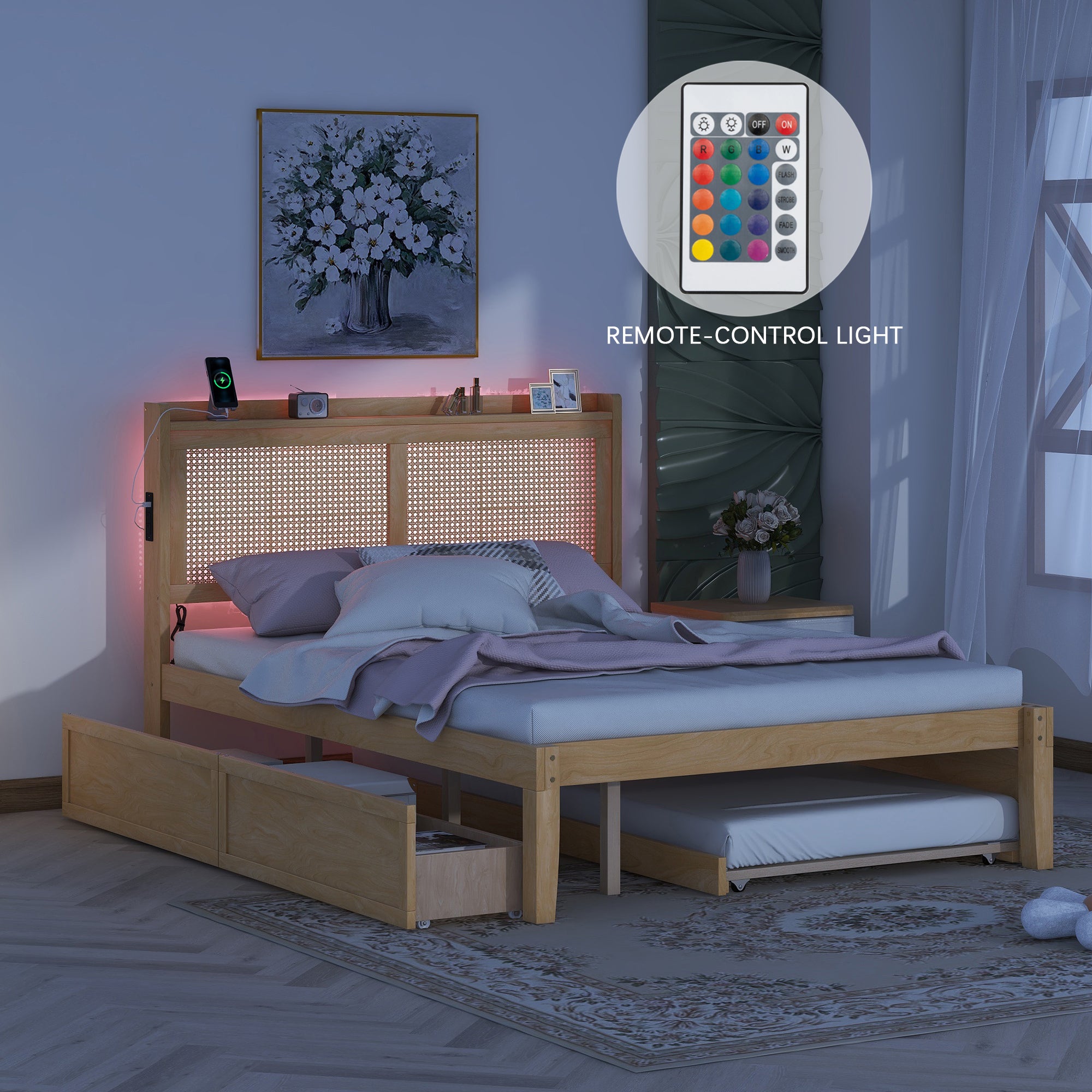 Queen Size Elegant Bed Frame with Rattan Headboard and Sockets ,Walnut - Atlantic Fine Furniture Melbourne FL