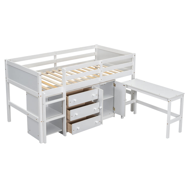 Twin Size Low Loft Bed With Pull-Out Desk, Drawers, Cabinet, and Shelves for White Color