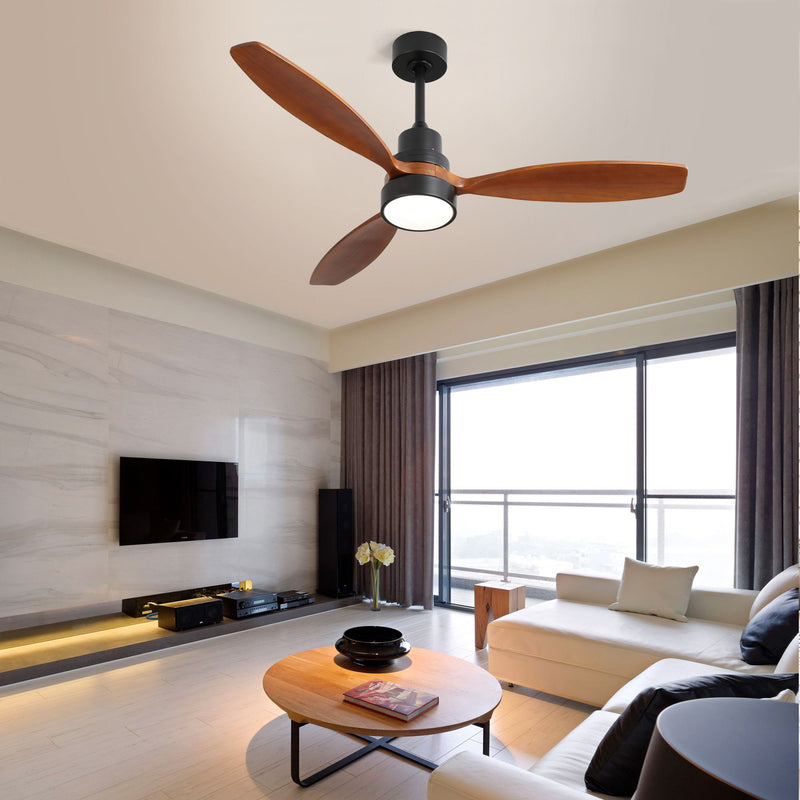 Wooden Ceiling Fan With 3 Solid Wood Blades Remote Control Reversible DC Motor With LED Light