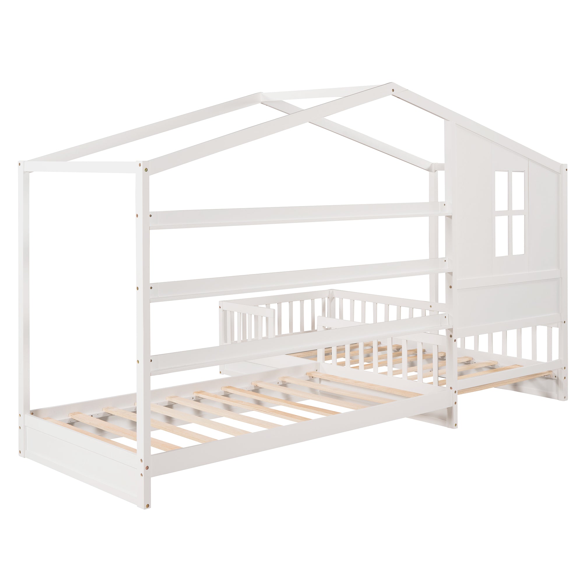 Wood House Bed Twin Size, 2 Twin Solid Bed L structure with fence and slatted frame (White) - Atlantic Fine Furniture Melbourne FL
