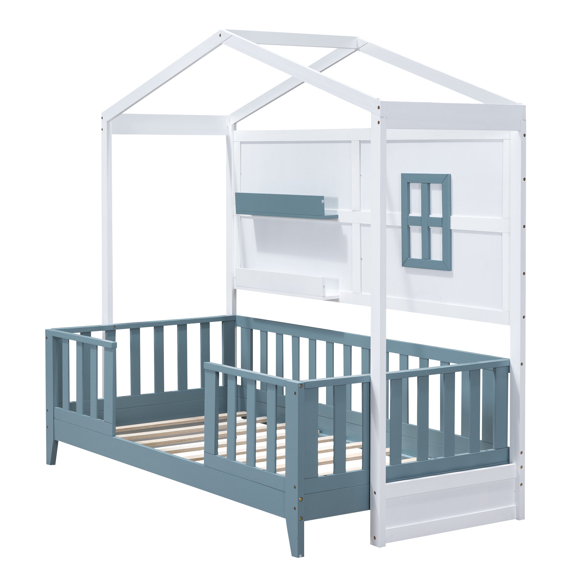 Twin Size Wood House Bed with 2 Shelves and Guardrail, White - Atlantic Fine Furniture Melbourne FL