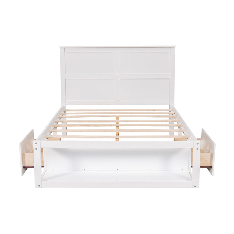 Full Size Platform Bed with Drawer on the Each Side and Shelf on the End of the Bed, White