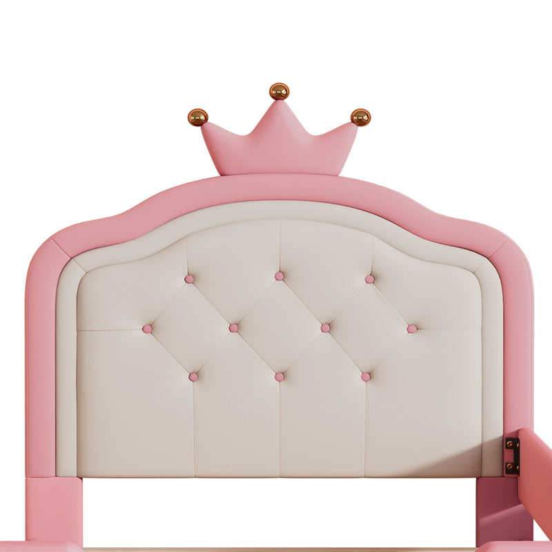 Twin Size Cute Princess Upholstered Daybed Low To The Ground Design With Button Tufted Crown Headboard For Kids - Pink