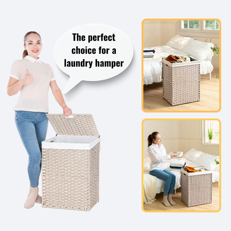 Laundry Hamper With Lid PE Rattan Powder Coating Frame Clothes Hampers With 2 Removable Bags