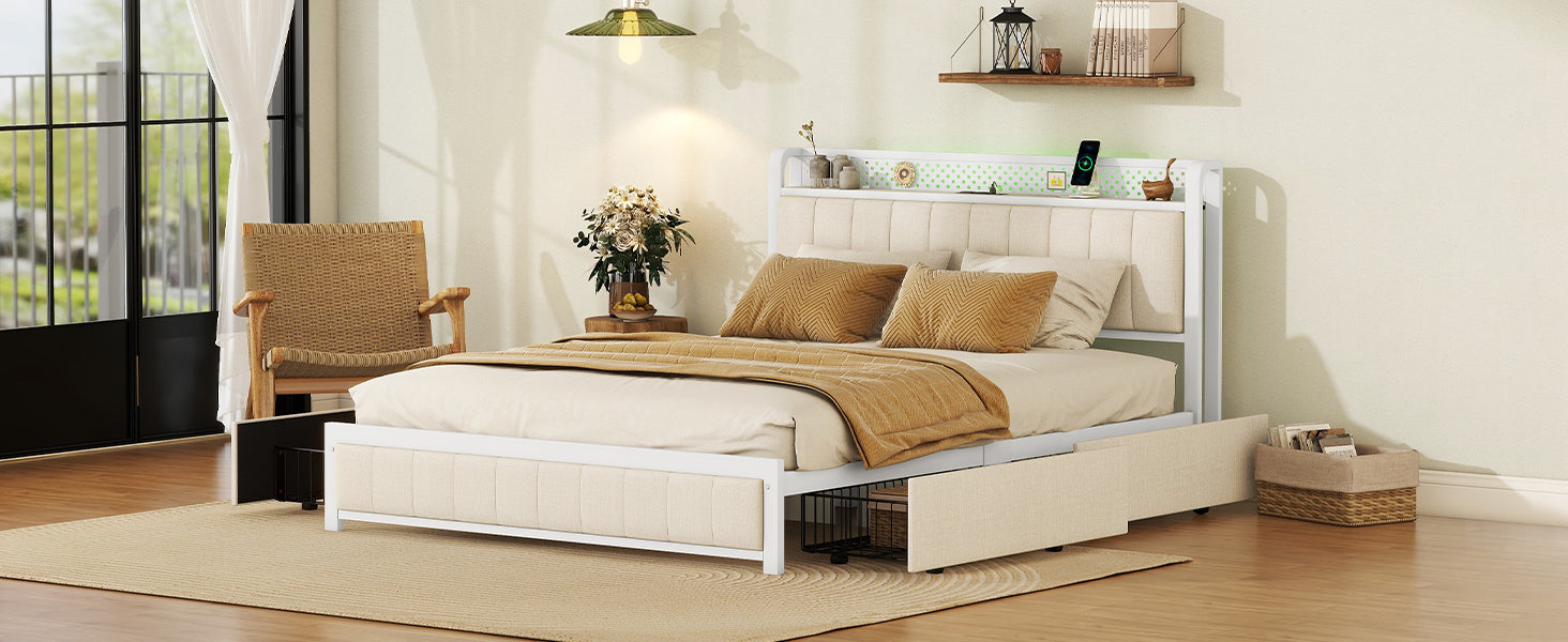 Queen Bed Frame with LED Headboard, Upholstered Bed with 4 Storage Drawers and USB Ports, Beige - Atlantic Fine Furniture Melbourne FL