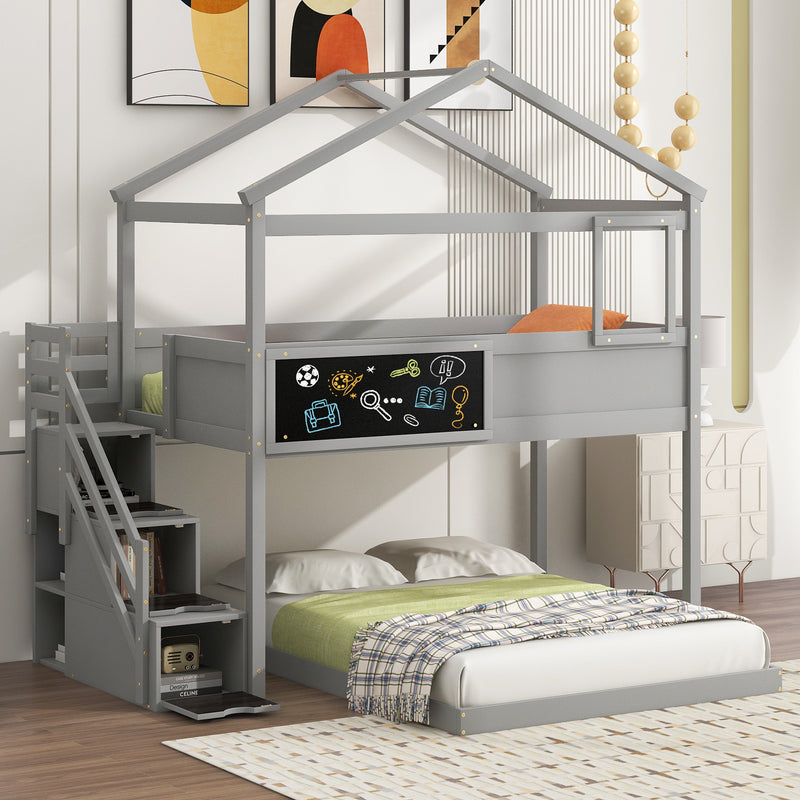 Twin over Full House Bunk Bed with Storage Staircase and Blackboard,Gray(Old SKU: GX001701AAE)