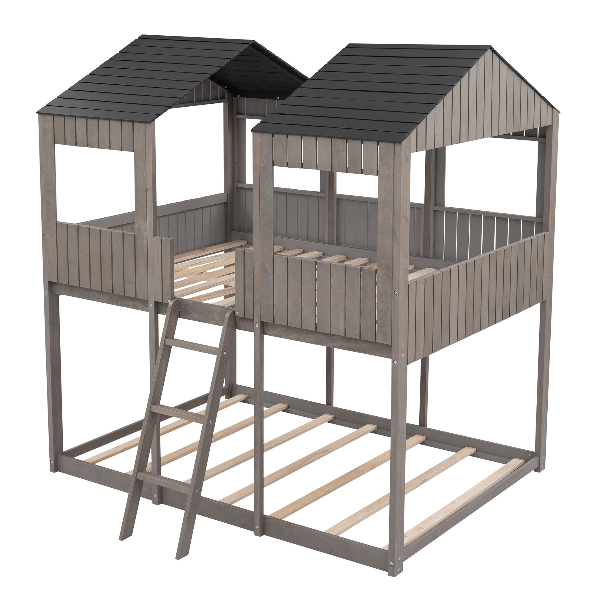Full Over Full WoodBunk Bed with Roof, Window, Guardrail, Ladder(Antique Gray)( old sku: LT000031AAE ) - Atlantic Fine Furniture Melbourne FL