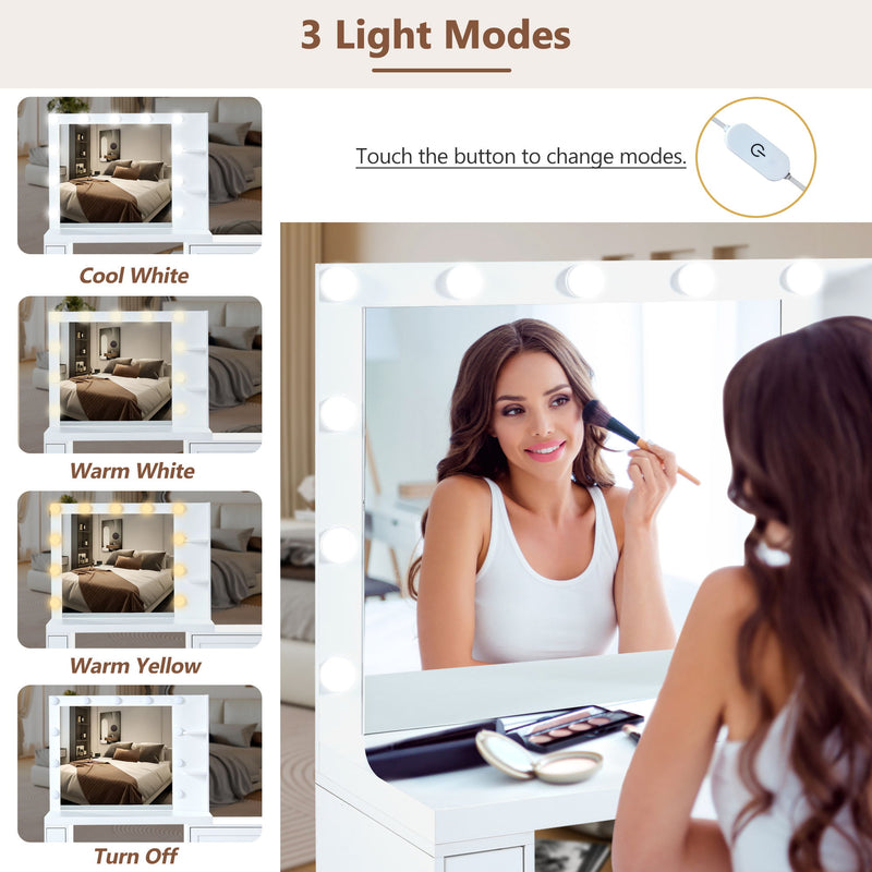 Vanity Desk With Freely Adjustable Side Cabinet, Makeup Vanity With Hollywood Lights, 5 Storage Drawers & 2-Shelves, Modern Dressing Table - White