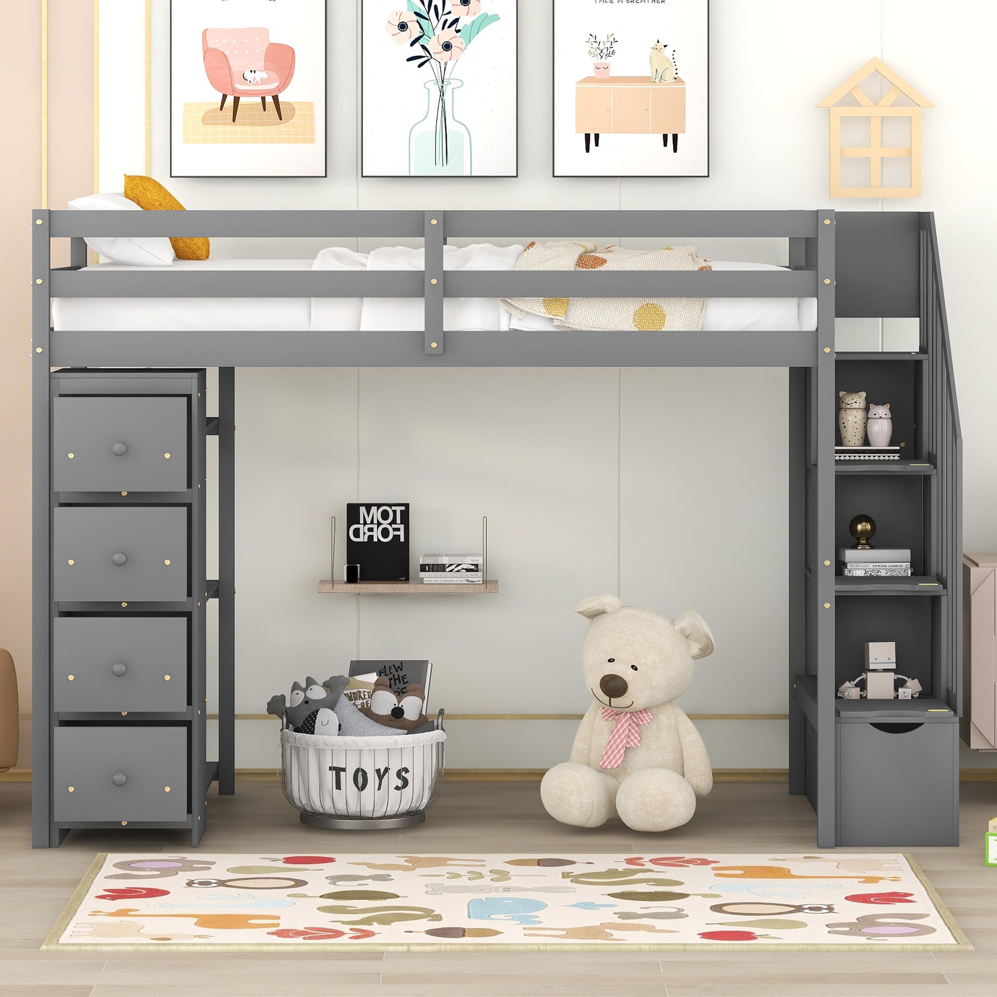 Twin size Loft Bed with Storage Drawers and Stairs, Wooden Loft Bed with Shelves - Gray - Atlantic Fine Furniture Melbourne FL