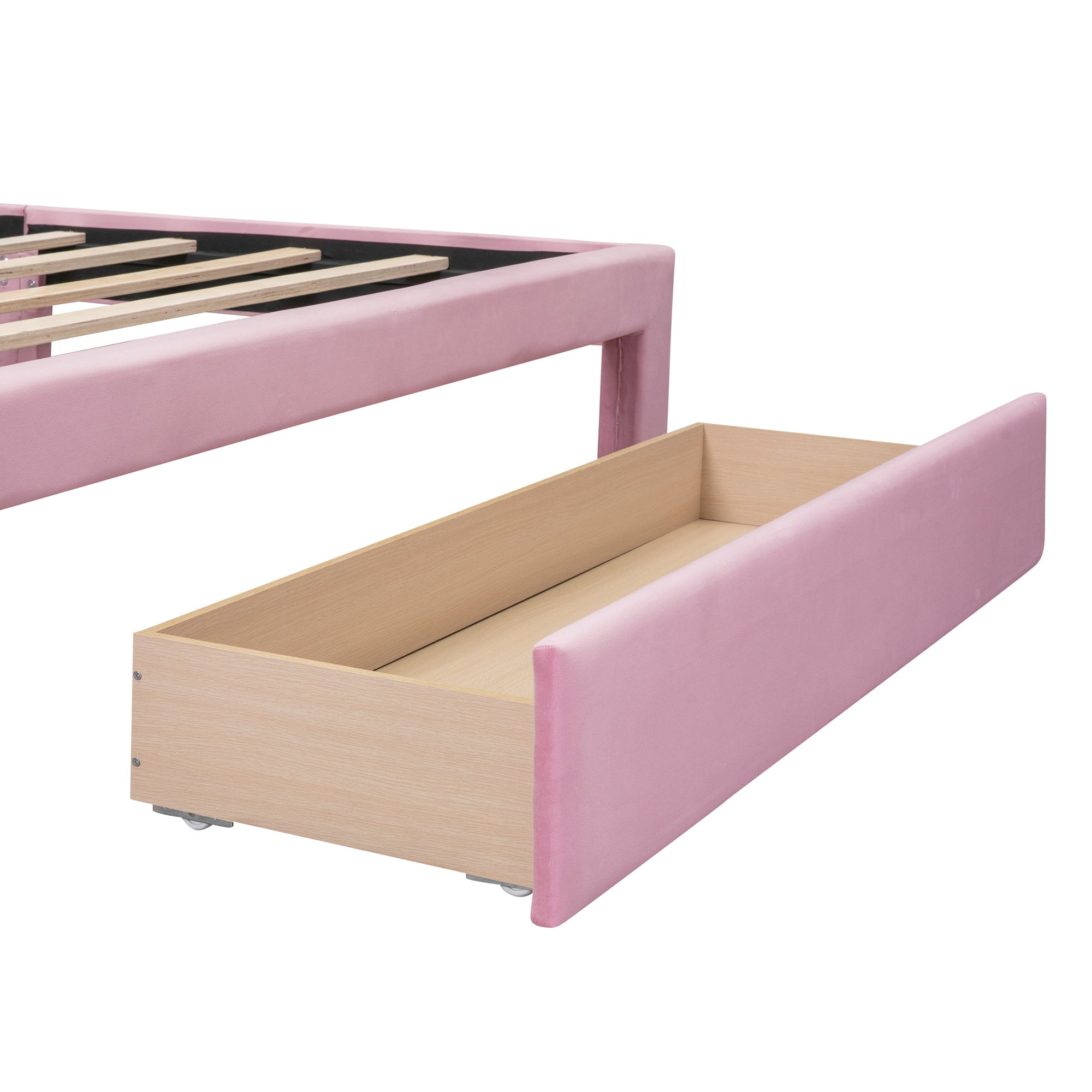 Queen Size Storage Bed Velvet Upholstered Platform Bed with a Big Drawer - Pink - Atlantic Fine Furniture Melbourne FL