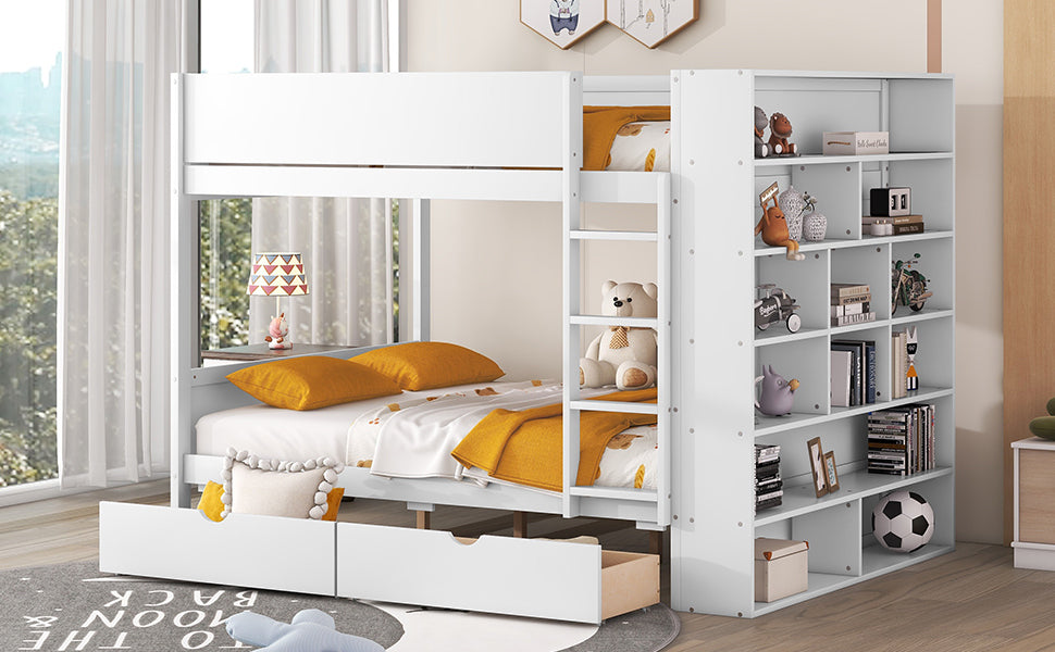 Full over Full Bunk Bed With 2 Drawers and Multi-layer Cabinet, White - Atlantic Fine Furniture Melbourne FL