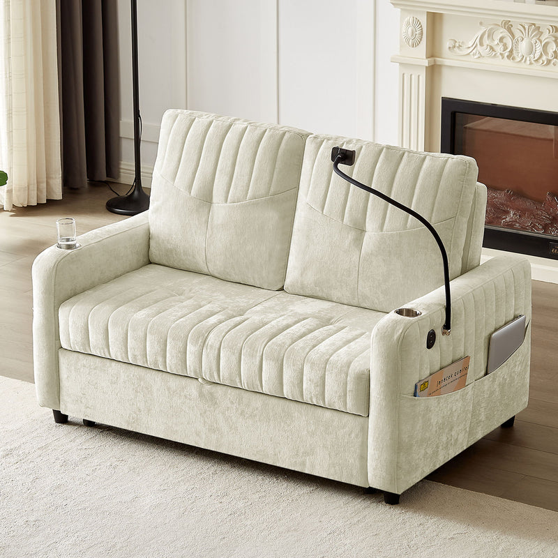 Modern Loveseat Pull Out Sofa Bed With Adjustable Backrest, Two Cup Holders, A Phone Holder, Three Charging Ports And Side Storage Pockets For Living Room