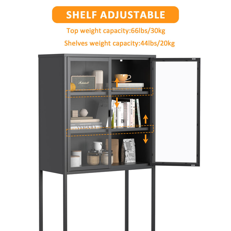 Heavy Duty Metal Storage Cabinet, Display Storage Cabinet With Glass Doors And 2 Adjustable Shelves, Tall Bookcase Modern Bookshelf Cabinet For Home Office, Living Room, Pantry