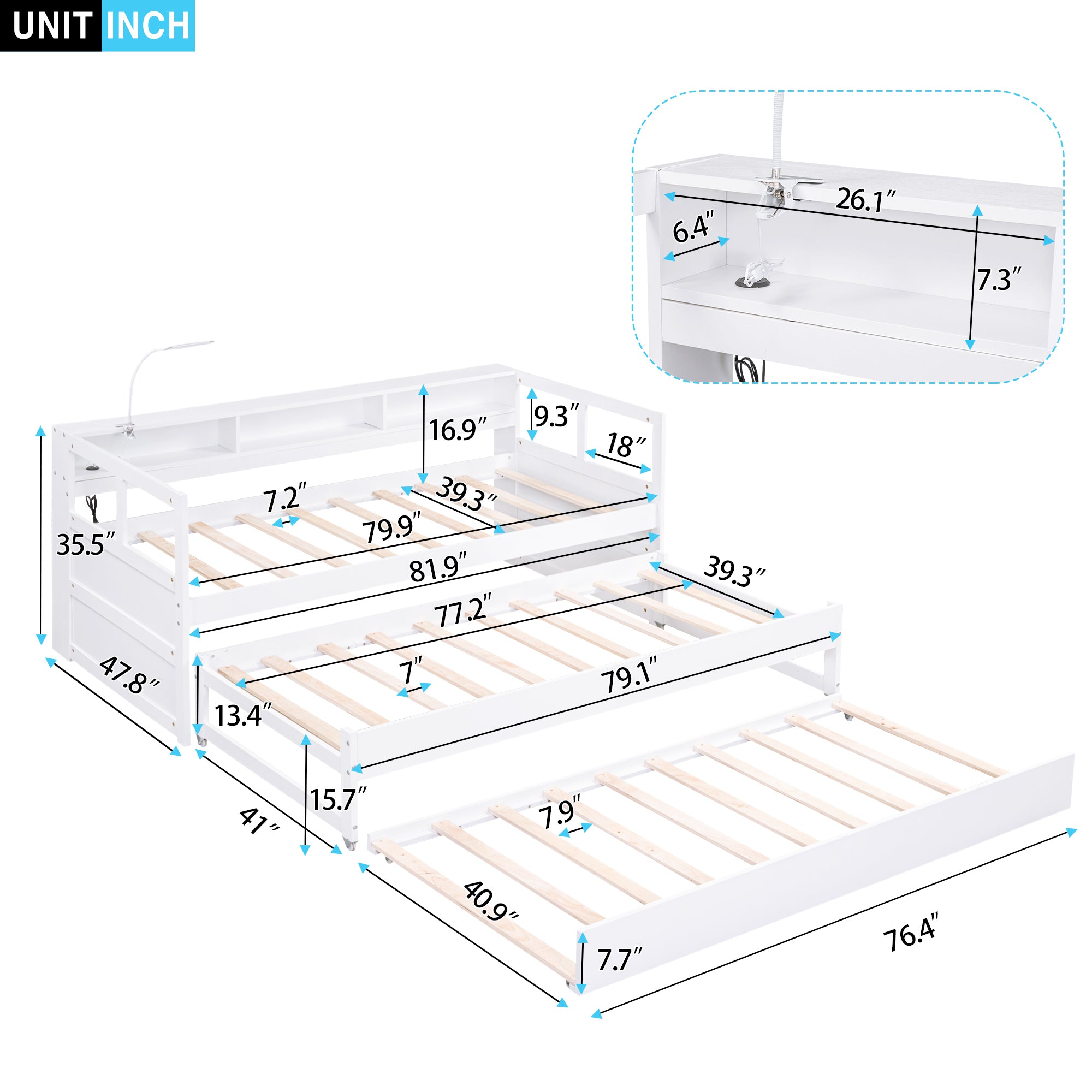 Twin XL Wood Daybed with 2 Trundles, 3 Storage Cubbies, 1 Light for Free and USB Charging Design, White - Atlantic Fine Furniture Melbourne FL