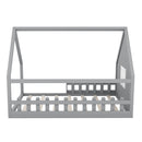 Full Size Wood House Bed with Window and Fence, Gray
