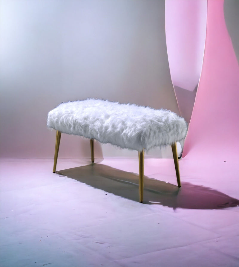 Bagley II - Faux Fur Bench - White / Gold